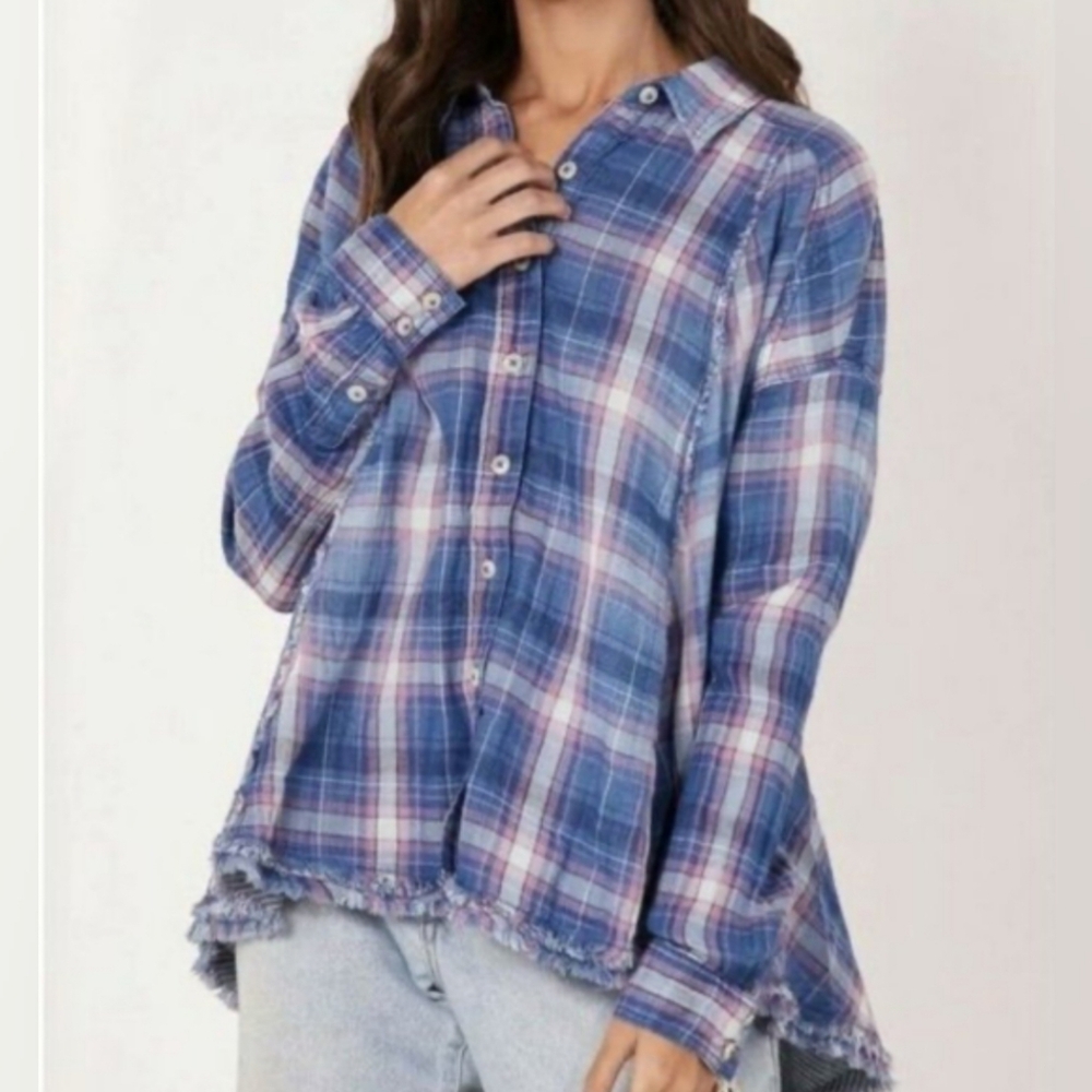 Free People  Seeking Starlight Blue Plaid Button-Down Shirt